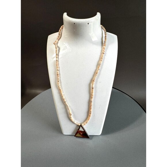 Vintage Shell Heishi Necklace Triangle Inlay Pendant 17 Inch Natural Materials - Picture 1 of 8